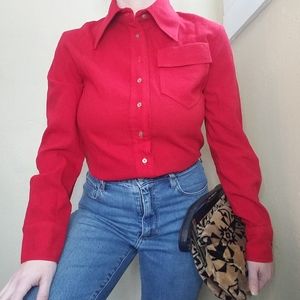 Oscar De La Renta Vintage 70s Western Collared Button Up Red Pocket Sz 12.